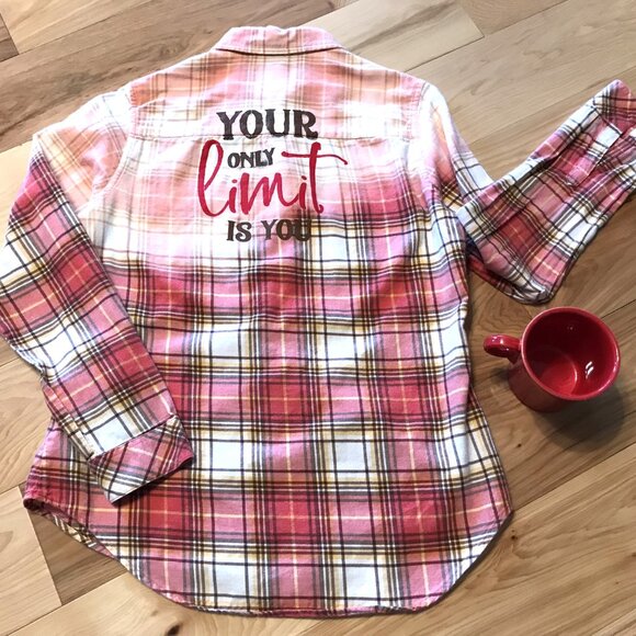 Upcycled Bleached Flannel Shirt, Women’s Size Small: Inspirational, Red Plaid - Picture 4 of 10